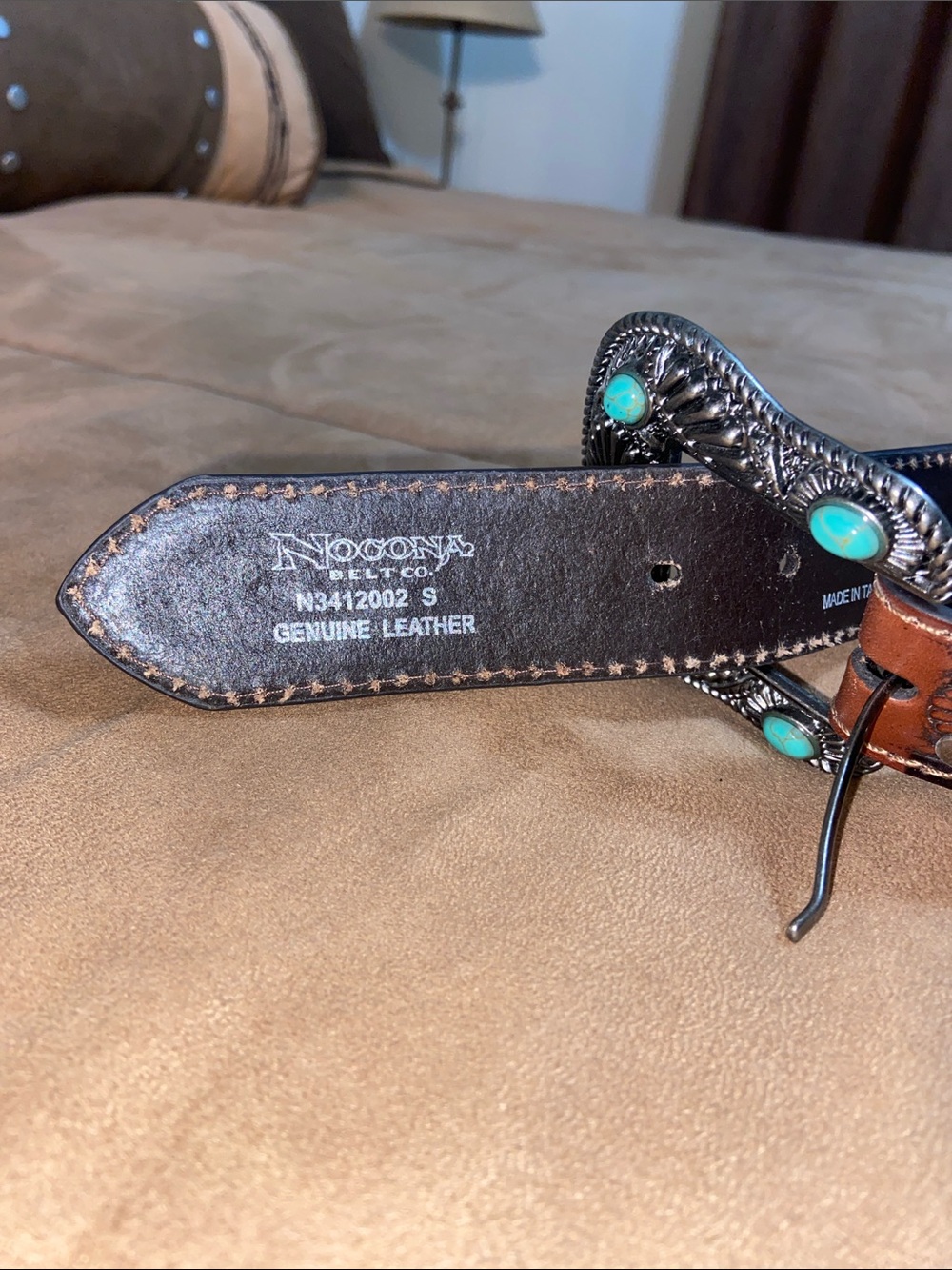 Nocona Tooled Brown Leather Belt with Turquoise Concho Buckle - Picture 2 of 3